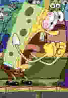 a pixel art of spongebob squarepants and bart simpson with their mouths open