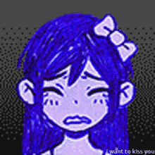 a pixel art drawing of a girl with blue hair and a bow in her hair .