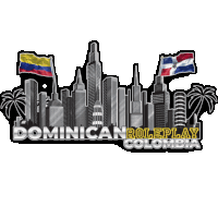 a logo for dominican roleplay colombia with a city skyline in the background