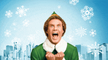 a man dressed as a christmas elf with his mouth open