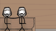 two stick figures are sitting on a wooden bench and one has a surprised look on his face