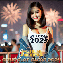 a woman is wearing a white tank top that says welcome 2025