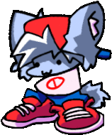 a cartoon of a wolf wearing a red , white and blue hat and red shoes .