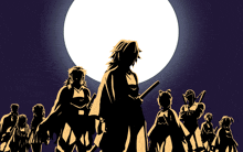 a group of anime characters standing in front of a large white moon