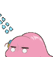 a cartoon drawing of a pink blob with blue hearts coming out of its eyes