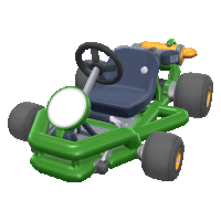 a green go kart with a black seat and yellow wheels on a white background