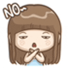 a cartoon girl with brown hair is making a no sign with her hands .