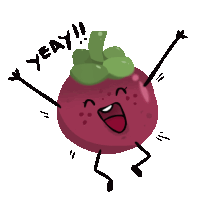 a cartoon illustration of a mangosteen with arms and legs and the words yeay written around it