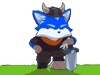 a blue cartoon fox wearing a viking hat and holding a sword