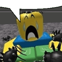 a yellow roblox character with a speech bubble surrounded by spiders .