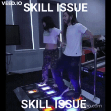 a man and a woman are dancing on a dance floor with the words skill issue above them