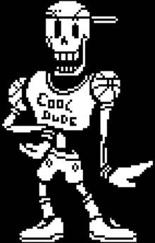 a pixel art of papyrus holding a basketball and wearing a shirt that says cool dude .