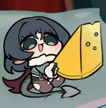 a cartoon drawing of a girl holding a piece of cheese