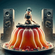 a woman is playing music on a dj controller while standing on top of a plate of jelly .