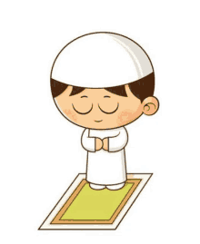 a cartoon of a boy praying on a prayer mat .