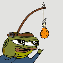 a cartoon of a frog holding a fishing rod with a piece of meat hanging from it