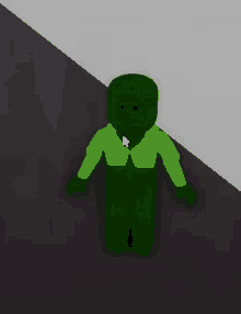 a green robot is standing in a dark room .