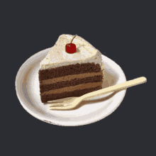 a slice of cake with a cherry on top on a white plate