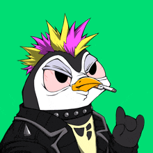 a penguin with a mohawk smoking a cigarette on a green background