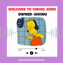 a cartoon of bart simpson wearing headphones with the words welcome to vibing zone on top