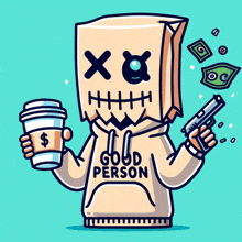 a cartoon character with a paper bag on his head holding a gun and a cup of coffee