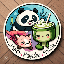 a sticker with a panda a mermaid and a frog says mao mayesha matcha