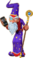 a wizard with a cane and a cell phone