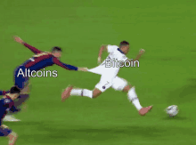 a soccer player kicking a ball with altcoins written on the bottom