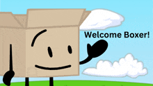 a cardboard box with a face and arms is standing in a field and says welcome boxer