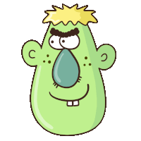 a green cartoon character with a big nose and a yellow mohawk