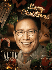 a picture of a man with glasses and the words merry christmas behind him