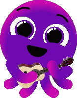 a purple octopus is holding a guitar in its hands and smiling .