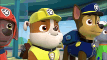 three paw patrol dogs are standing next to each other .