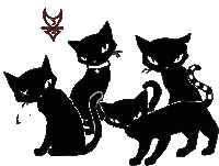 four black cats are silhouetted against a white background with a red symbol on top