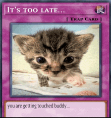 a card that says it 's too late with a picture of a kitten