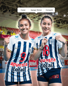 two women wearing jerseys that say apuesta total are posing for a picture