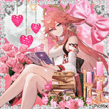 a picture of a girl sitting on a stack of books with picmix written on the bottom right corner