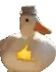 a white duck wearing a hat and giving a thumbs up sign .