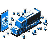 an isometric illustration of a truck surrounded by cubes and a cell phone