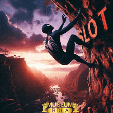 a man in a spiderman costume is climbing a cliff with the word slot on it