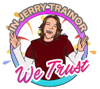 a logo for jerry trainor shows a man with his arms in the air