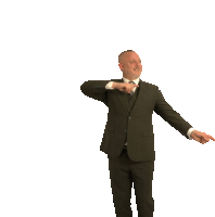 a man in a suit has his arms outstretched and points at something