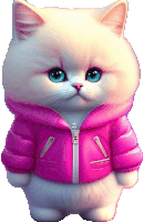 a white cat is wearing a pink jacket with a zipper