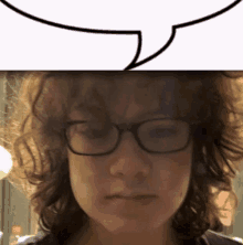 a close up of a woman wearing glasses with a speech bubble behind her