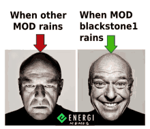 a meme that says " when other mod rains " and " when mod blackstone 1 rains "