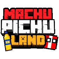 a logo for machu pichu land has a yellow bottle and a flag