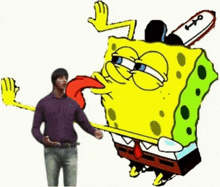 a man is standing next to a spongebob squarepants cartoon character with a chainsaw in his mouth .