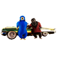 a blue teddy bear and a black teddy bear are standing next to a car