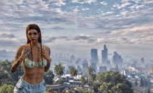 a woman in a bikini stands in front of a city with palm trees