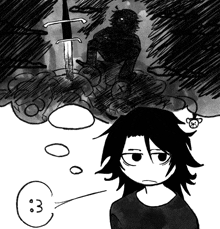 a black and white drawing of a person with a speech bubble that says " 3 "